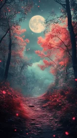 Moonlit crimson forest path under glowing ethereal sky.