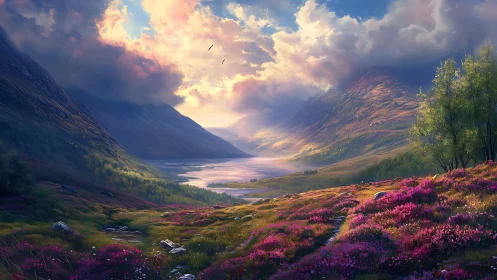 Sunlit alpine valley renders atmospheric depth and floral color