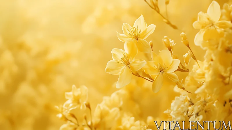 Shallow depth field macro photograph of yellow jasmine flowers with bokeh background