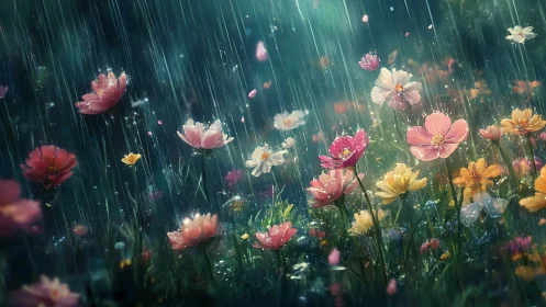 Downpour Blooms: Rain Dancing Through Petaled Dreams.