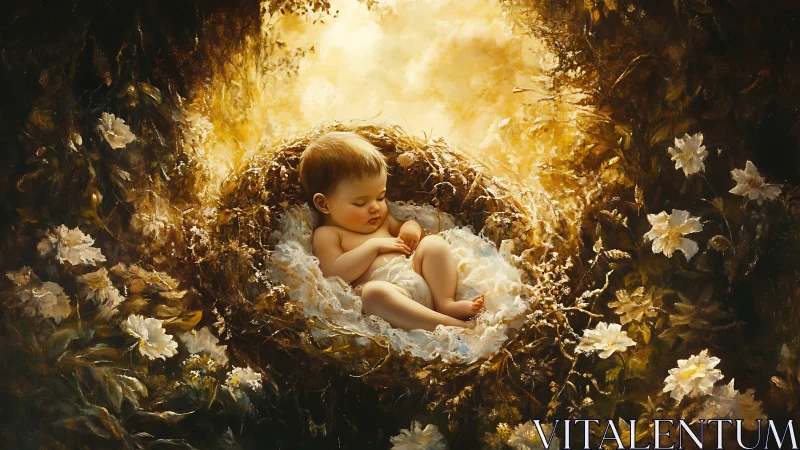 Infant Cradled in Golden Floral Nest, Heavenly Light.
