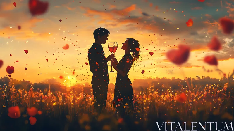 Silhouetted couple toasting with wine glasses amid heart-shaped confetti in golden sunset field