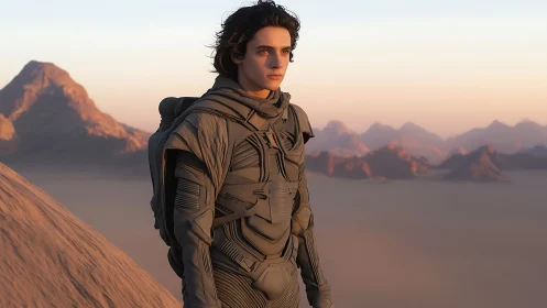 Stargazing wanderer on quiet desert ridge at sunrise.