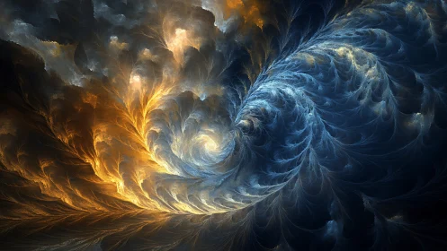 Fractal vortex plumes in dual-toned atmospheric spiral composition.