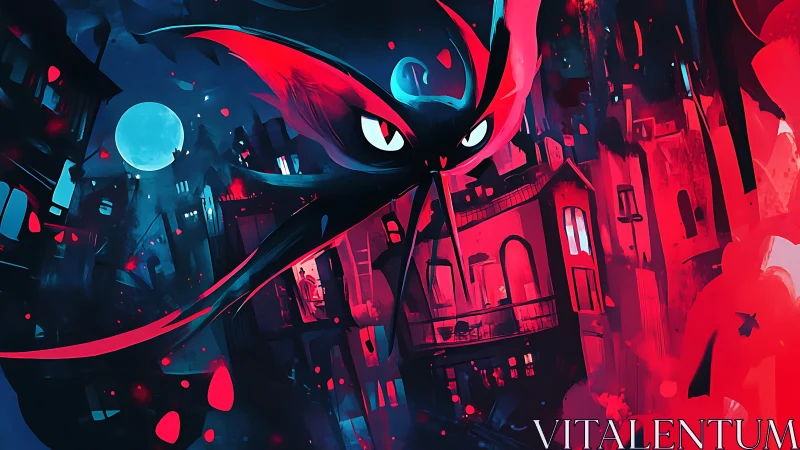 Nocturnal winged figure over stylized red blue cityscape.