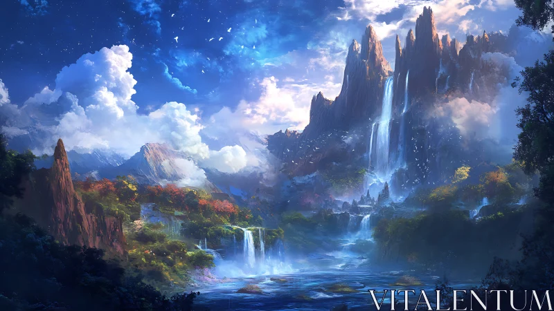 Mountain landscape with tiered waterfalls under bright sky.