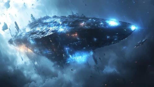 Massive angular starship with luminous thrusters cutting through nebula