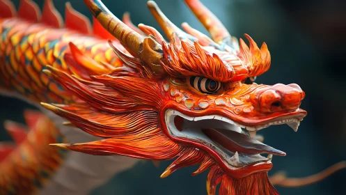 Photorealistic close-up of ornate ceremonial dragon head sculpture.