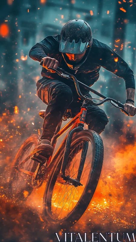 Mountain Biker Launches Through Inferno. Extreme Action.