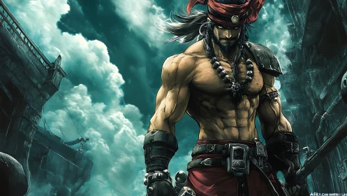 Muscular anime pirate warrior dominates stormy industrial seascape