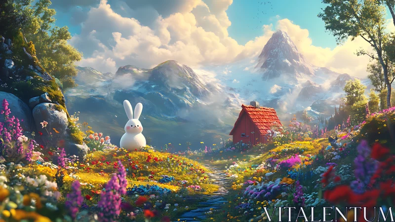 Pastel bunny mascot in vivid alpine cottage landscape.