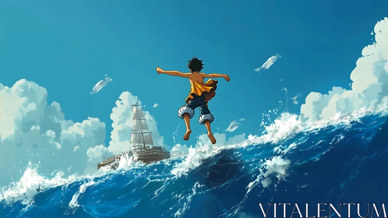 Boy jumps toward sailing ship across dynamic ocean wave