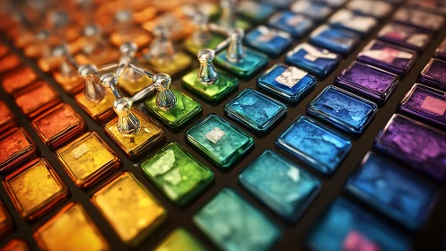Glass tiles and metal connectors in ordered color gradient.