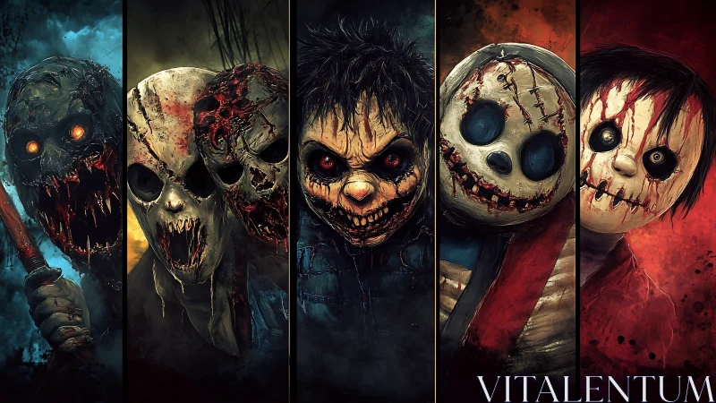 Carnival of stitched nightmares in split-panel horror tableau.