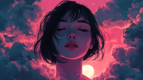 Luminous dusk portrait with neon backlit atmospheric clouds.