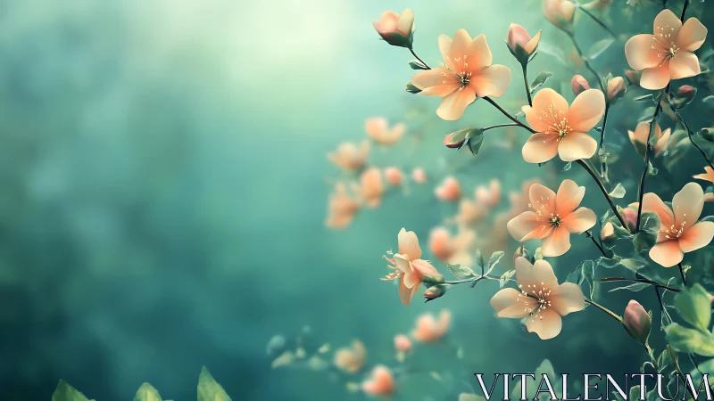 Delicate Peach Blossoms Blooming Against a Dreamy Turquoise