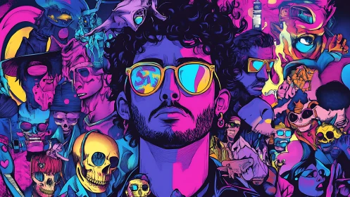 Central male portrait is surrounded by neon skulls and figures