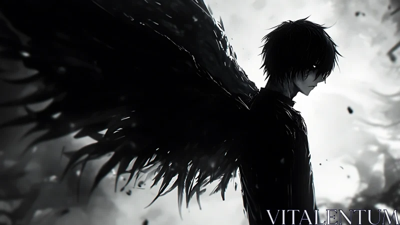 Monochrome winged boy in profile with dissolving black feathers