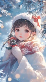 Snowlit girl with red ribbon under frosted pine branches.