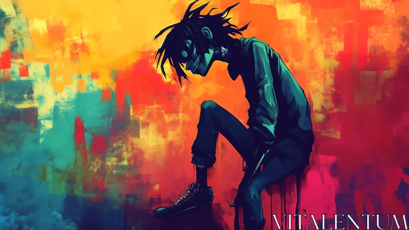Moody cyberpunk loner crouches against neon abstract chaos.