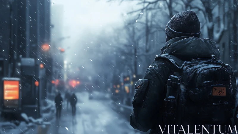 Solitary traveler crossing cold urban street in snowfall.