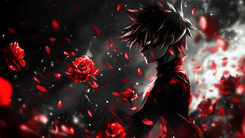 Dark anime figure in chiaroscuro rose storm composition