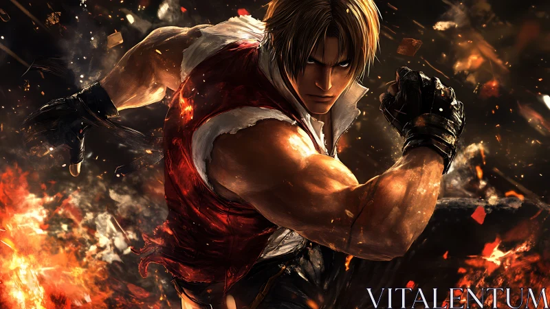 Fire-forged street fighter lunges through shattering embers.