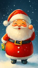 Smiling cartoon Santa Claus holding gift in snowfall.
