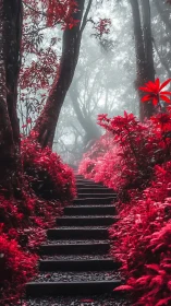 Infrared-toned forest stairway ascending through red foliage
