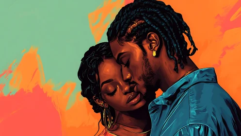 Close embrace of couple in neon duotone digital illustration