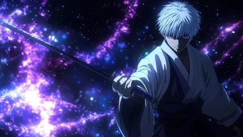 Starlit swordsman carving nebula paths in midnight silence.