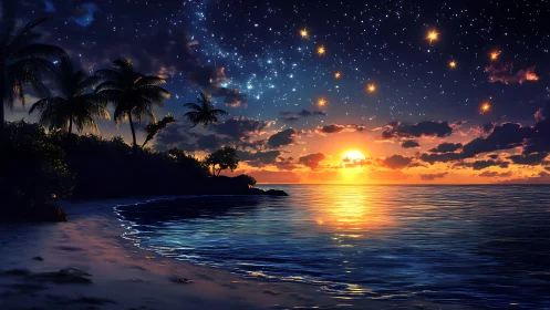 Hyper-saturated tropical shoreline under dense stellar sunset sky