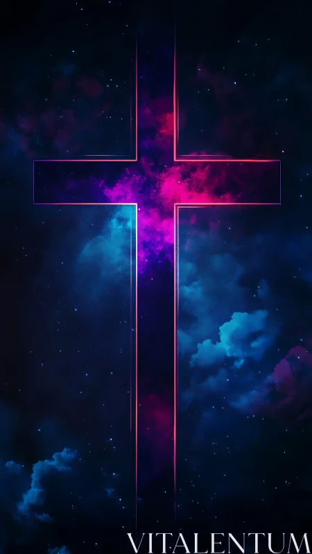Neon cross glows against cosmic clouds and starry void.