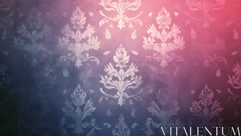 Ornate damask pattern fading into pink and violet glow.