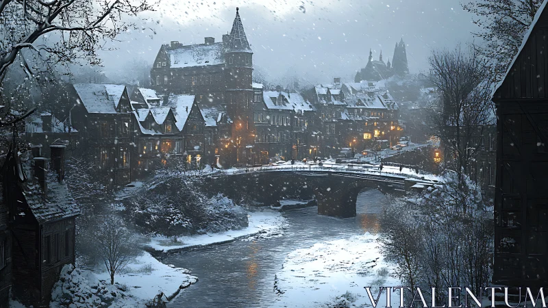 Snow-laden riverside townscape unifying warm luminance and cold haze