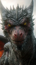 Intense close-up of a horned dragon with molten gaze.