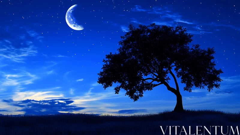 Silhouetted tree under crescent moon with high-contrast nocturnal sky
