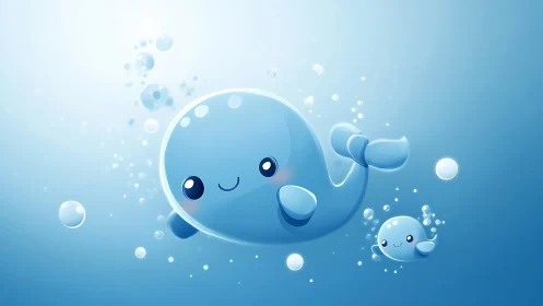 Digital painting of playful cartoon whales in luminous blue sea.