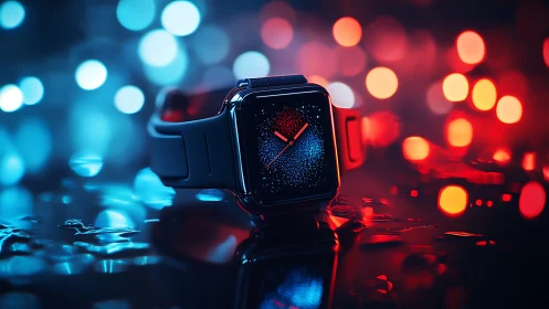Smartwatch on wet surface with vivid blue and red bokeh.