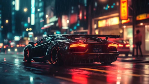 Sleek black supercar on wet neon city street at night.
