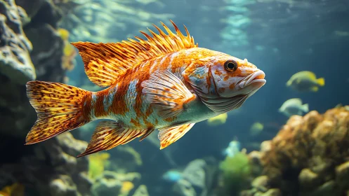 Spiny sunset reef fish cruising through sapphire quietude.