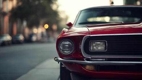 Red vintage muscle car gleams on a calm city street.