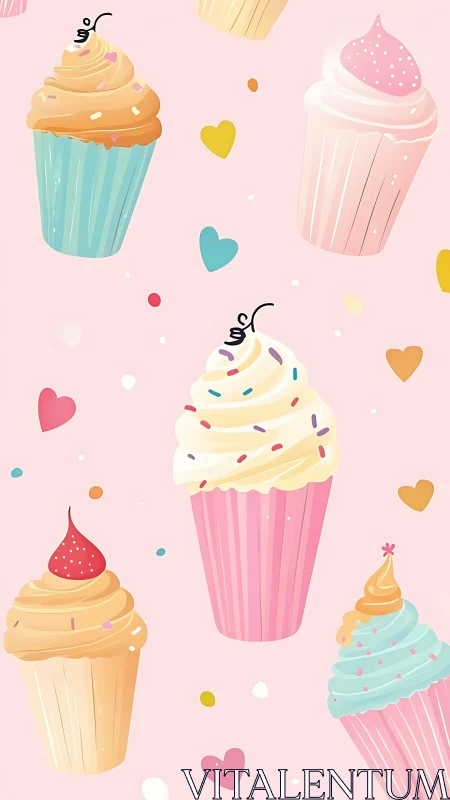 Whimsical Cupcakes with Hearts. Sweet Dessert Illustration.