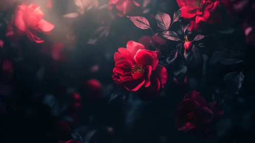Crimson roses backlit with deep chiaroscuro botanical composition