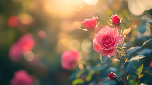 Pink Roses Glowing in Golden Sunlight.