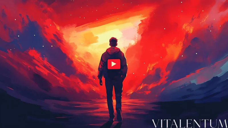 Cinematic digital painting of lone figure in nebular light corridor.