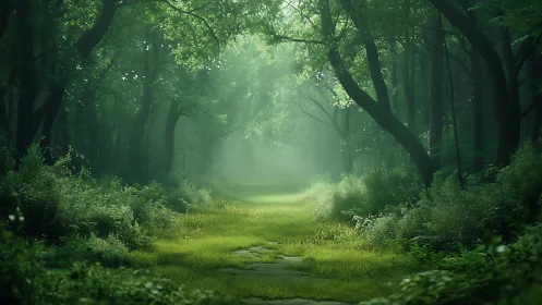 Misty Forest Path Through Towering Trees