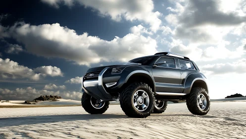 Sandstorm titan SUV prowls sunlit dunes beneath wild skies.