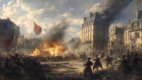 Warfare fills a European city square with fire and smoke