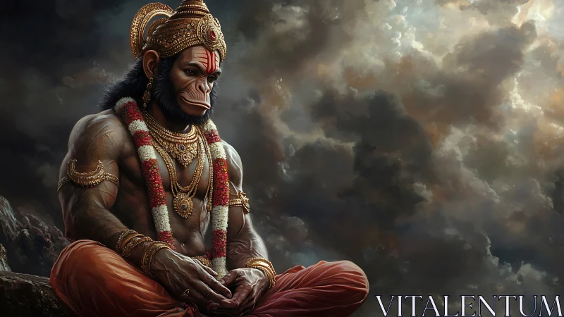 Storm-wreathed monkey deity sinks into molten stillness